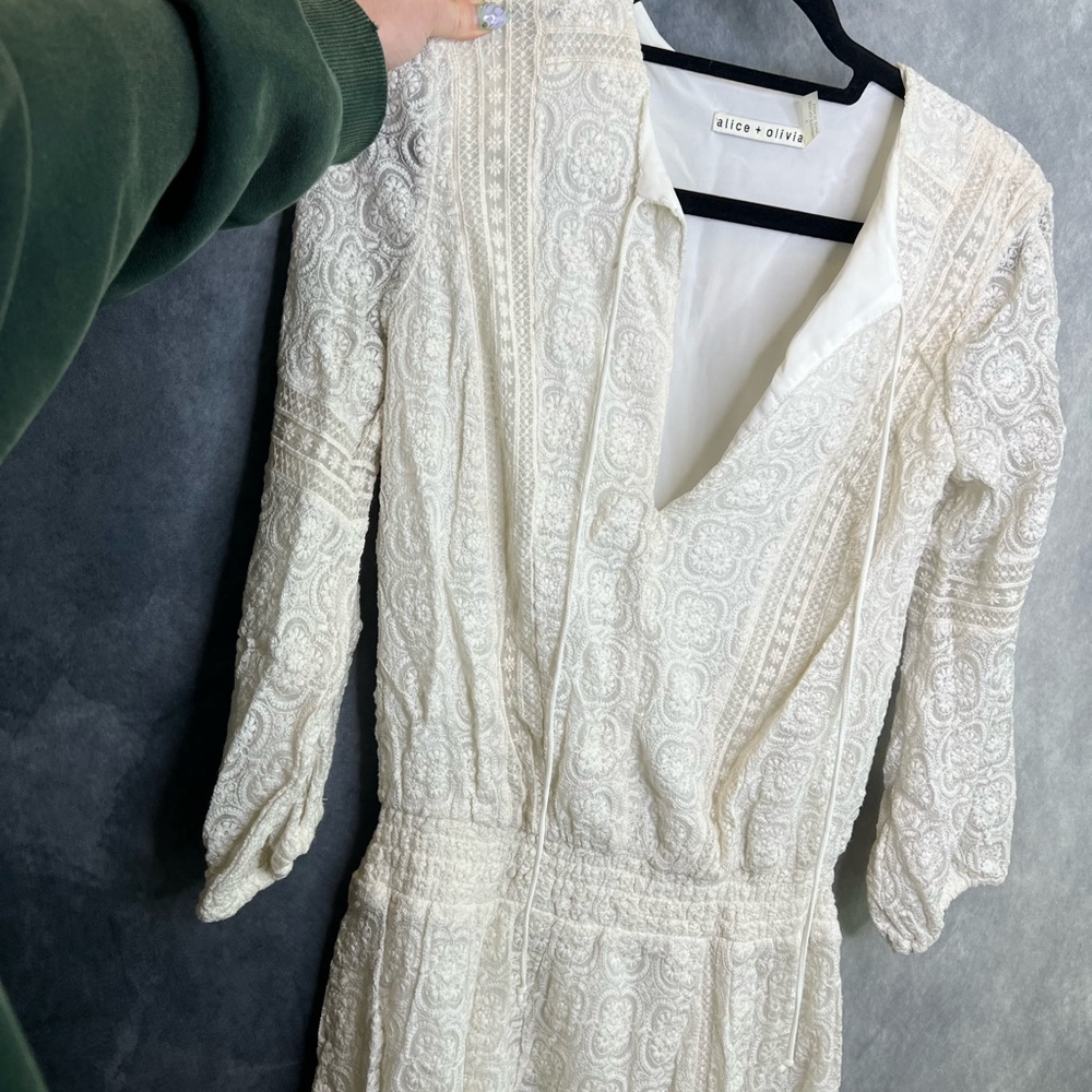 Alice + Olivia White Sheath Dress with Ruffled Bishop Sleeves